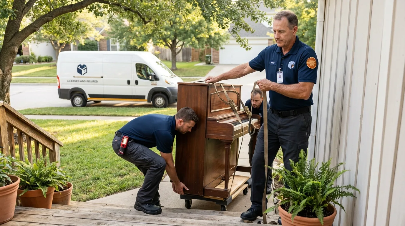 Licensed piano movers securing grand piano in Pleasant Grove, UT