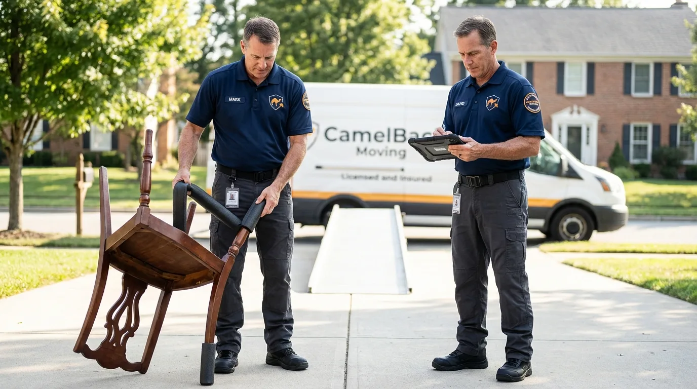 Movers inspecting furniture for damage prevention before loading in Pleasant Grove, UT