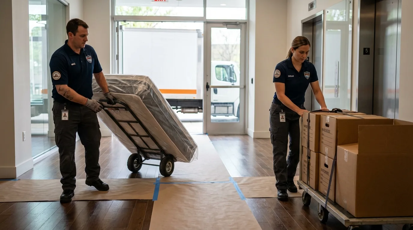 Professional apartment movers loading elevator in Pleasant Grove, UT